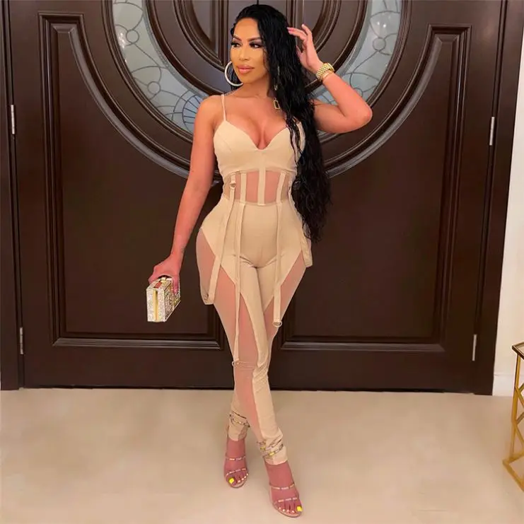 2021 Womens Solid Bodycon Jumpsuit One Piece Sleeveless  Strap Belted Skinny Pants With Pocket