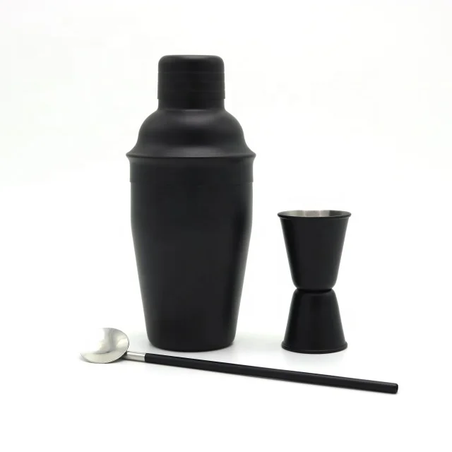 3PCS 350ml Matte Black Color Painted Bartender Kit Cocktail Shaker Double Measuring Jigger Straw Stirrer Bar Tool Set