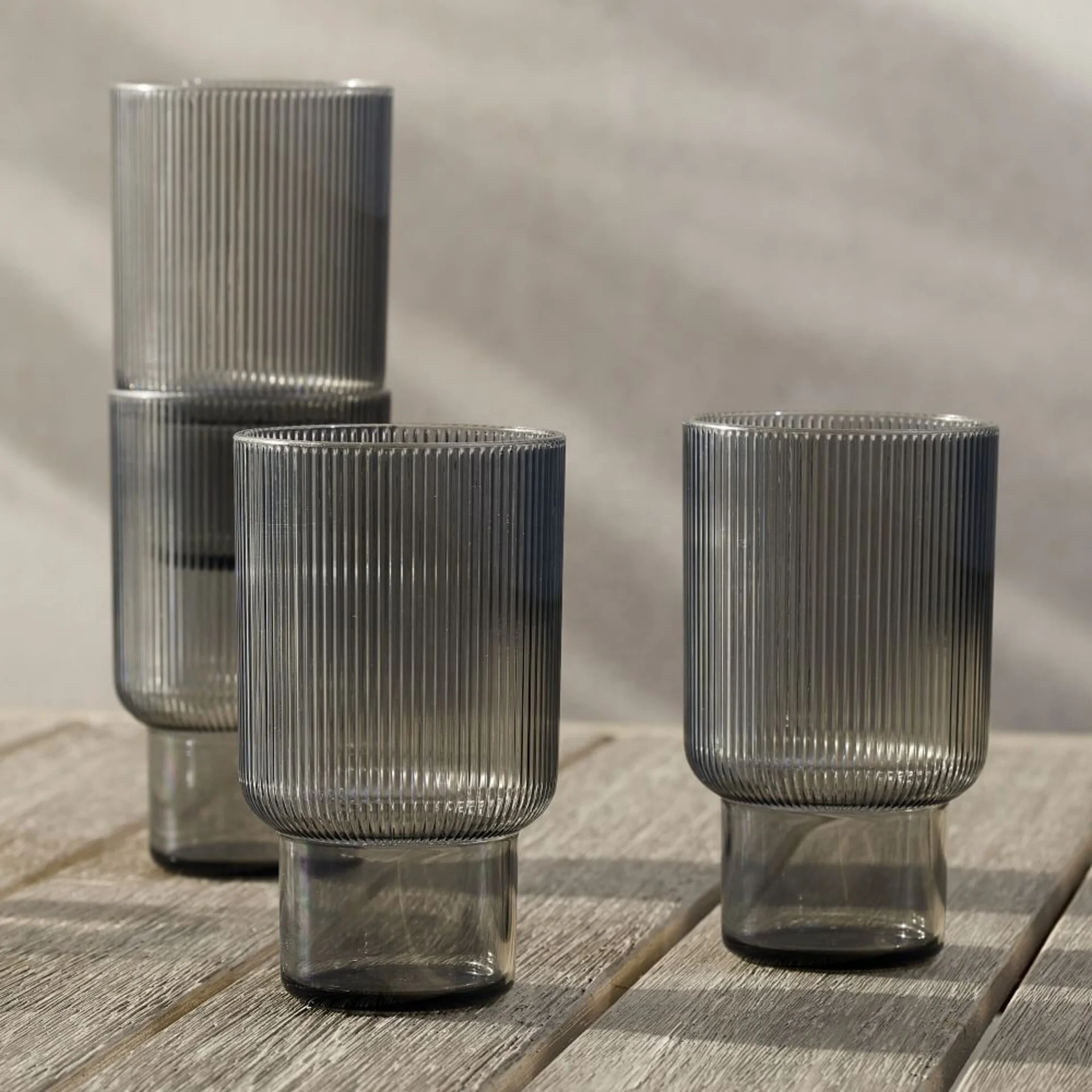 Stackable style Ribbed fluted vertical stripe Smoked Grey and clear Highball Glass