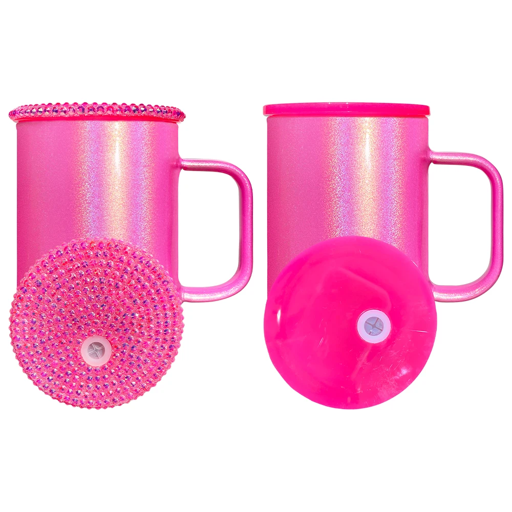 USA warehouse 17oz holographic shimmer glass mug with studded lid High Borosilicate sublimation glass mug with pp lid