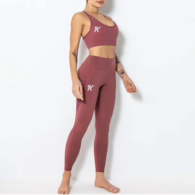 Custom women sports strap push up high impact gym fitness bra workout  booty mesh pockets yoga pants two piece set