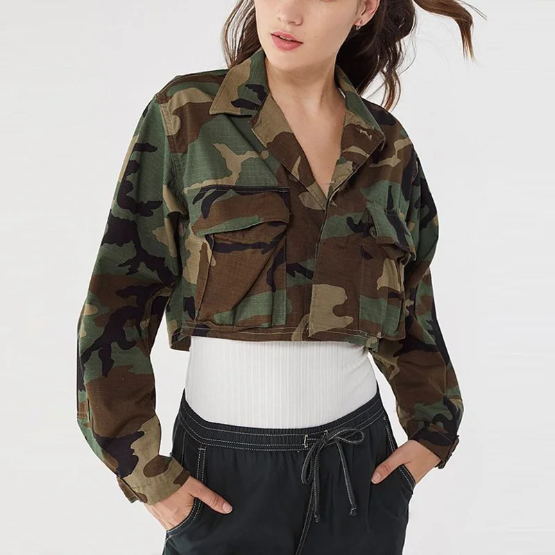 Fashion Mini Denim Jean Logo Camouflage Cotton Canvas Crop Top Jacket Women