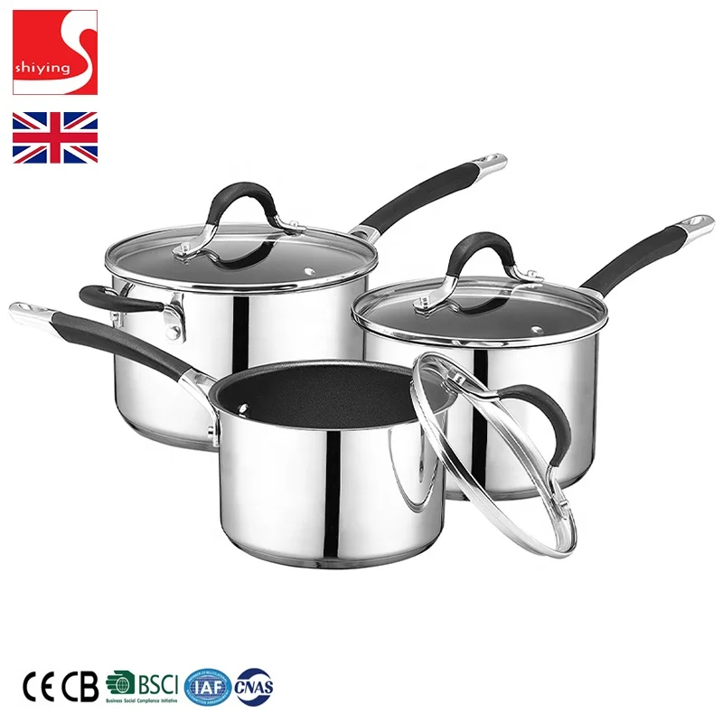 SY-Kitchenware Stainless Steel Saucepan Sets  Total Non Stick  Induction  Glass Lids  Set of 3 cookware pots