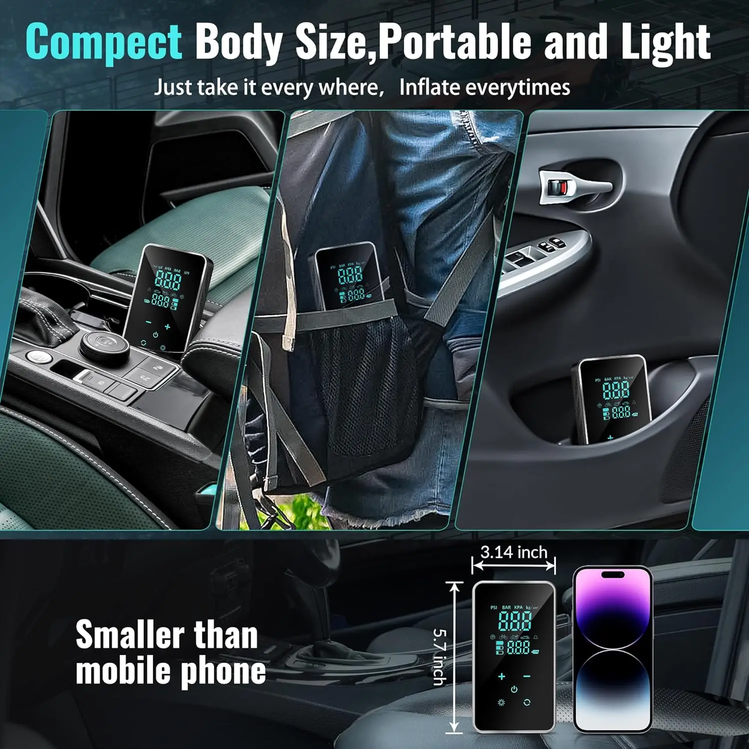 LED large full touch screen multipurpose portable air compressor wireless car tire inflator super fast inflation with SOS light