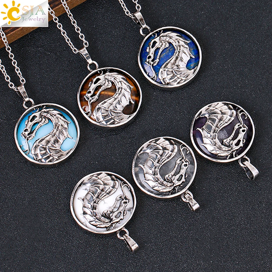 CSJA Wholesale Vintage Jewelry Round Healing Crystal Quartz Natural Stone Pendant Chinese Dragon Necklace for Women H122