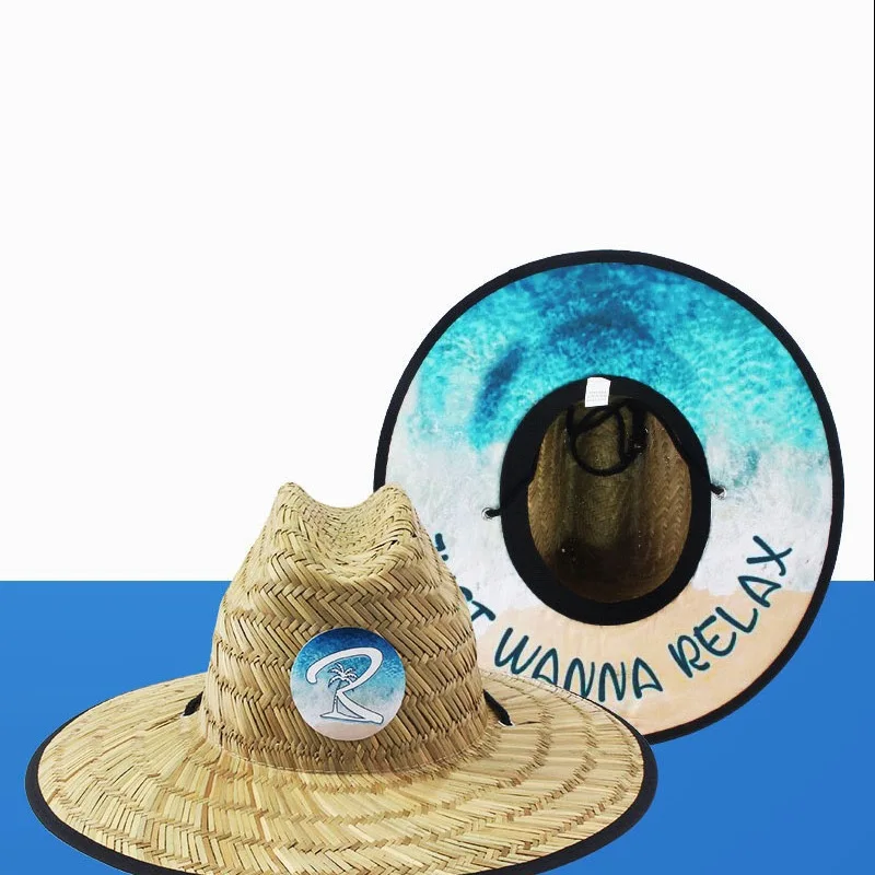 Bulk Custom Logo Lifeguard Big Wide Brim Hawaiian With Drawstring Summer Beach Surf Life Guard Straw Hat For Men