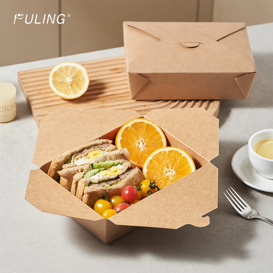 FULING Disposable Take Out Containers Microwaveable Kraft Paper To Go Containers Takeout Box