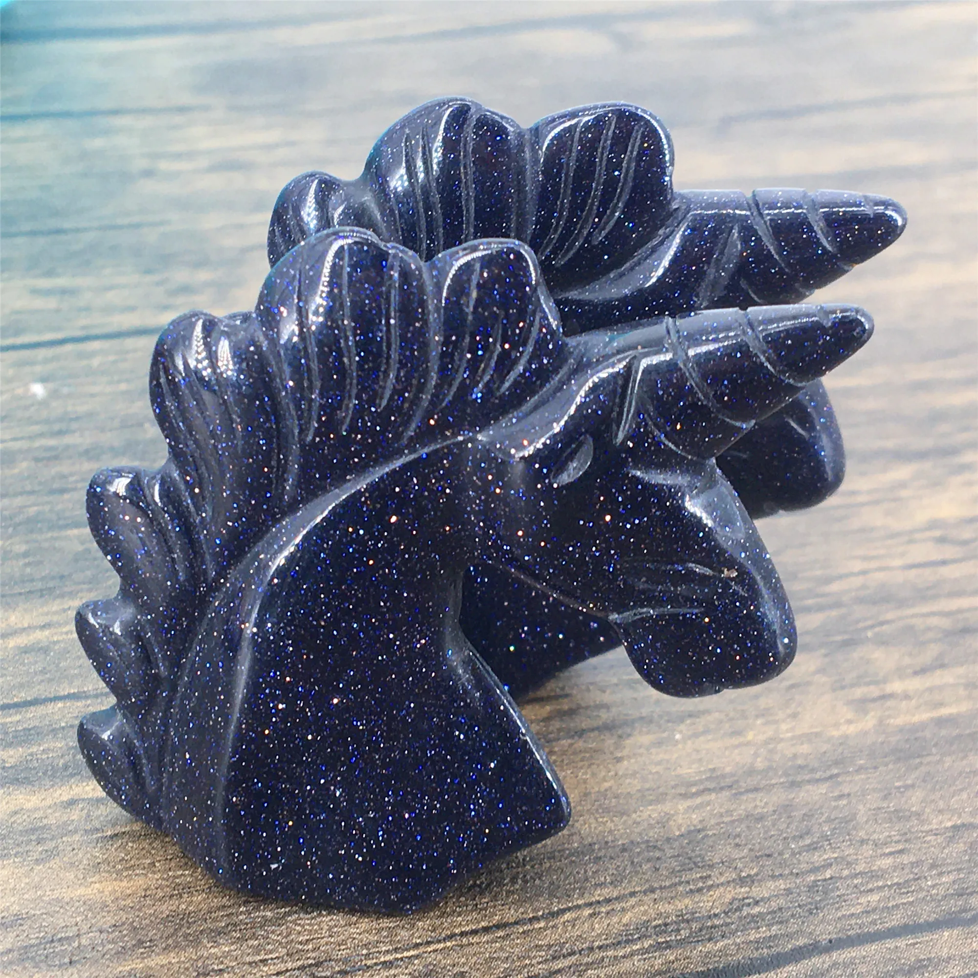Hand Carved Crystal Blue Gold sand Unicorn Carving Healing Crystal stone For Home Decoration