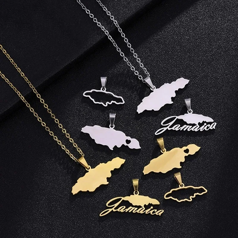 Enameled Jamaica Map Charm Chain Necklaces Stainless Steel 18K Gold Plated Enamel Jamaica National Flag Map Pendant Necklace