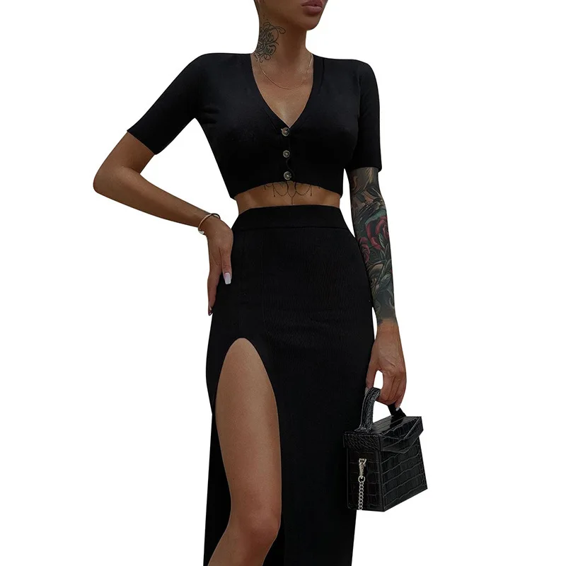 Wholesale 2022 summer new short sleeved top, Hip Wrap long skirt, two-piece set, high split fashion leisure suit