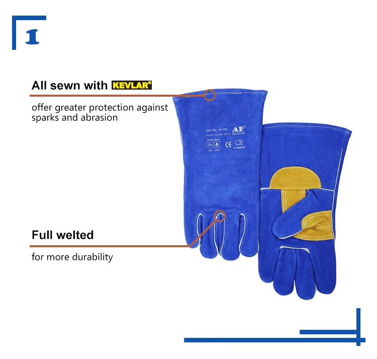 
AP-1201 Blue split cowhide leather Mitts Oven Grill Fireplace Pot Holder MIG Welder heavy duty Welding Gloves 