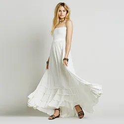 Summer New Boho Crinkly Strapless Maxi Dress Halter Tie Beach Linen Dresses Seam Hem Low Strappy Back Casual Dress