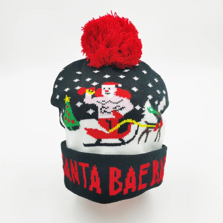 Wholesale funny novelty Christmas hat with pompom Custom hat Santa Claus pattern