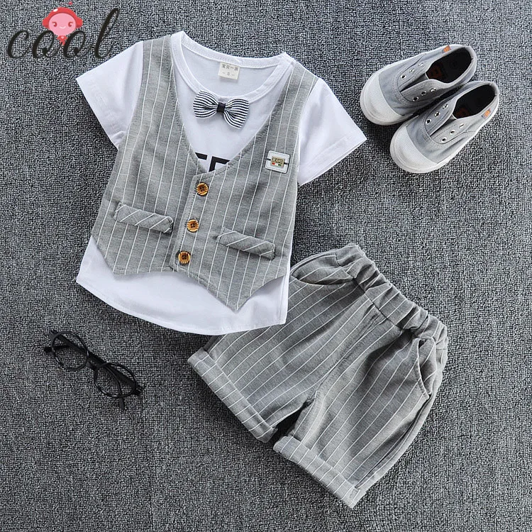 
sides openning t shirt + strip shorts clothing sets soft cotton kids baby boys sports outfit 