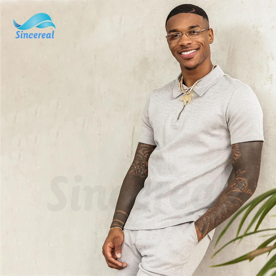 Custom logo summer Men Cotton Polyester casual Stretch fit grey textured fabric grey zipper premium Polo 2 piece shirt short set