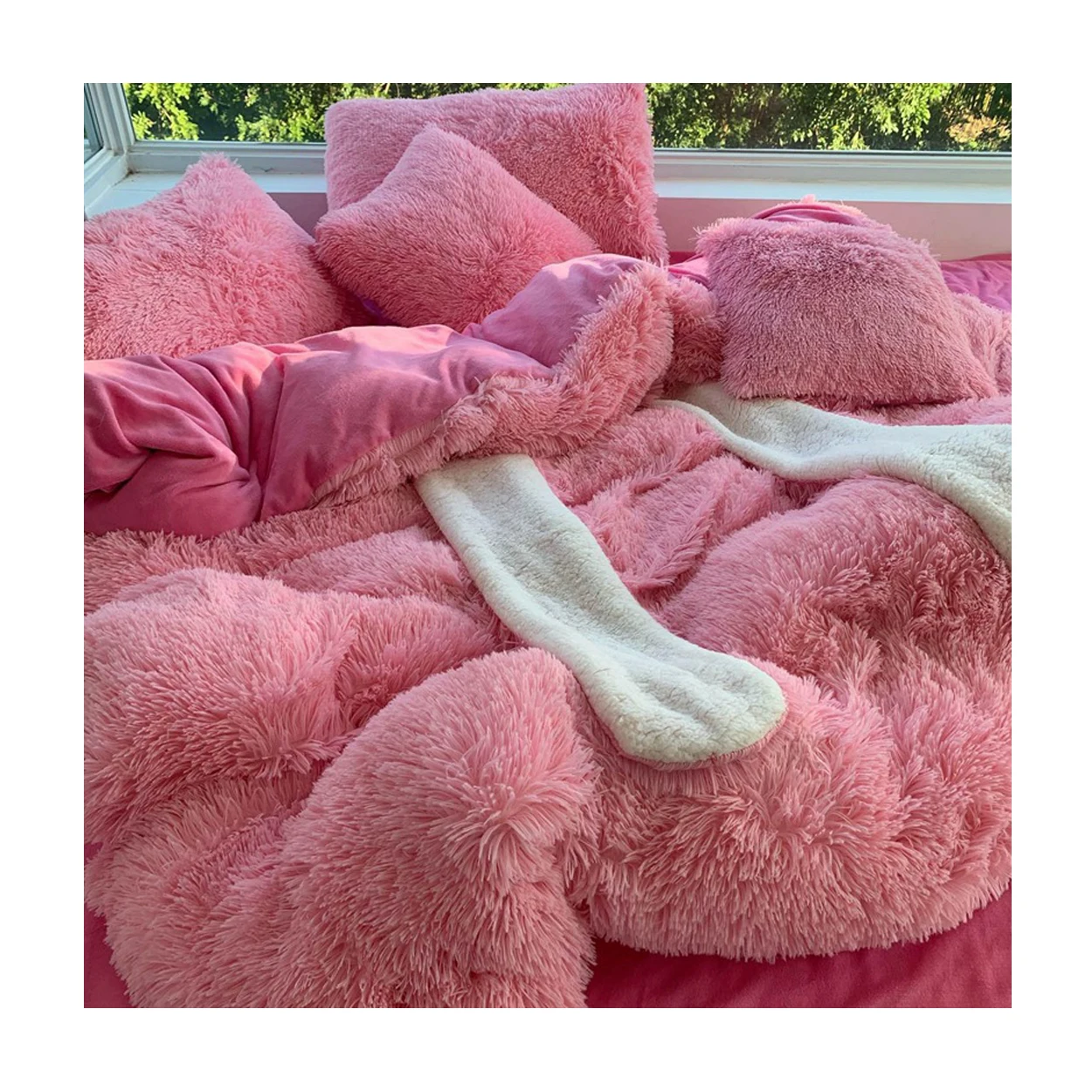 IDOTEX Dropshipping New Pink boho pillow covers plush Rabbit ears fluffy comforter sets 4pcs luxury bedding set