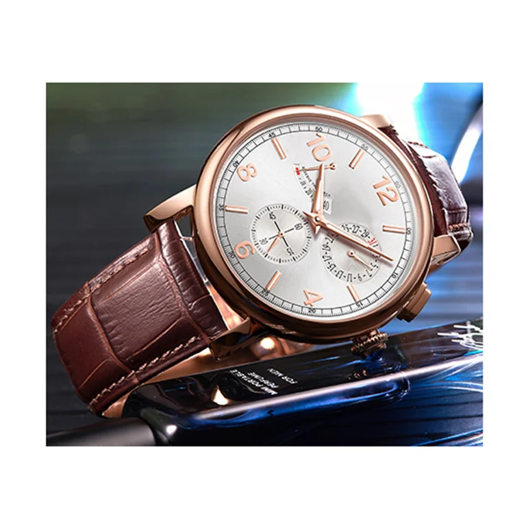 Luxury cow leather strap power show calendar small second hand men mechanical watches