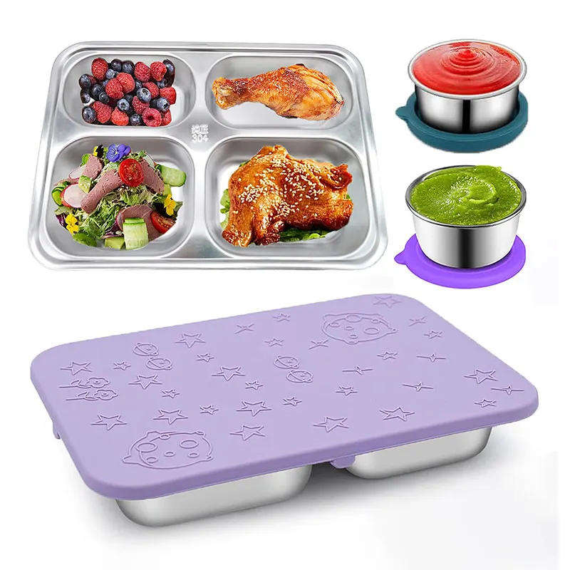 Air Tight Stainless Steel Food Storage Container Dinner Plate Lunch Trays With Silicone Lids