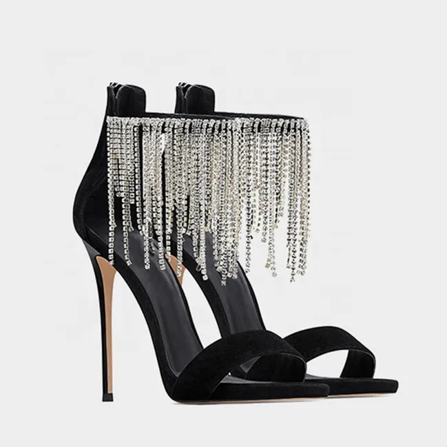 Fashion Sexy Shinny Fringed Diamonds High Heel Sandals Women Ankle Strap Rhinestone Stiletto Sandals