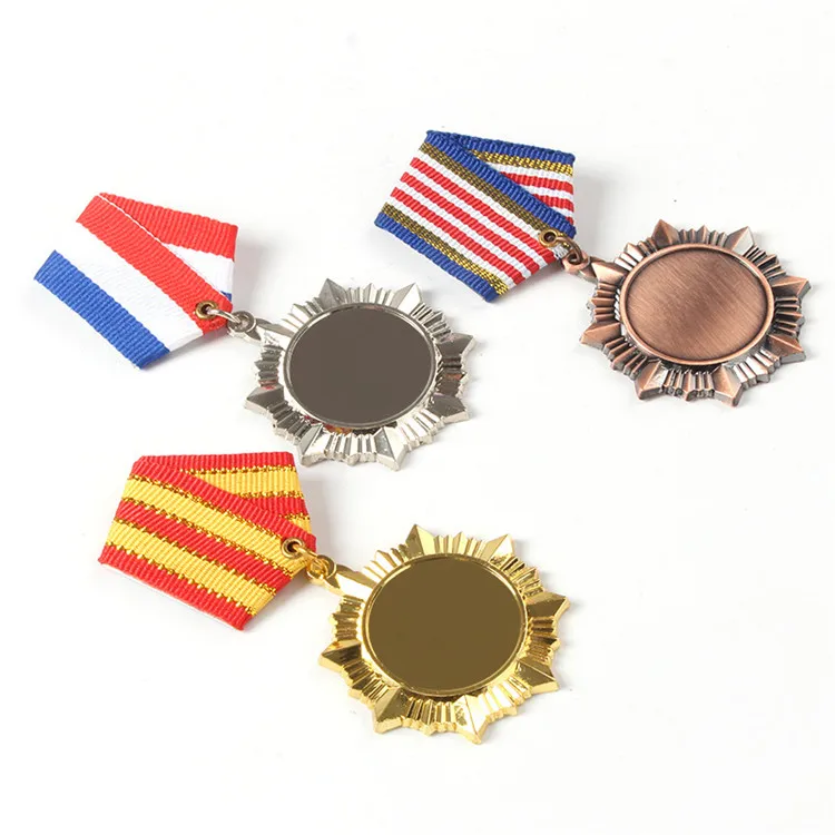 Wholesale custom design metal trophies and medals sports star shape blank medallion with short ribbon