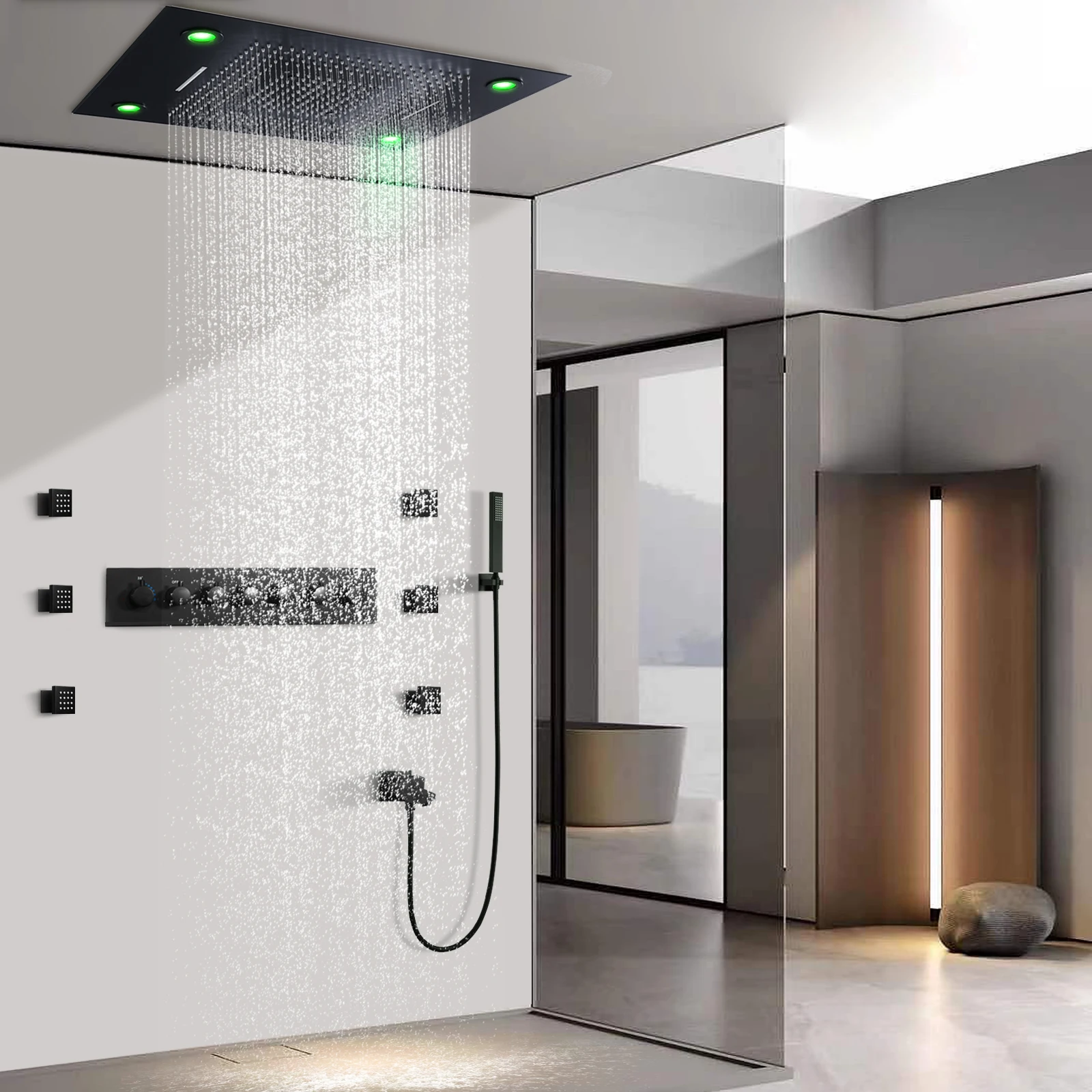 Luxury LED Matt Black Thermostatic High Flow Shower Set Concealed Ceiling Big Rain Waterfall Showerhead Set Body Jets 2 Inch