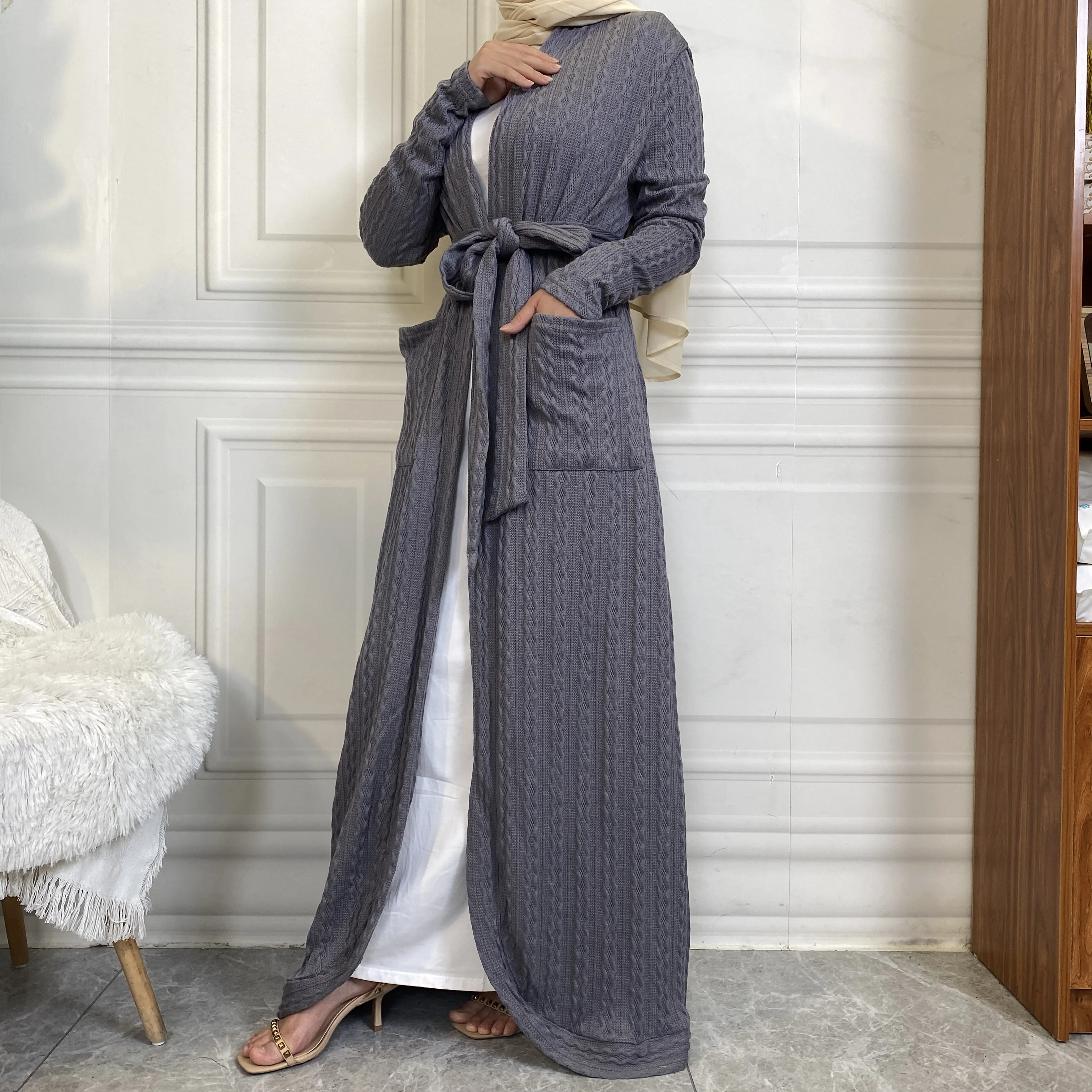 1952# New Fashion 2023 Elegant Pure Color Strip Covered Pocket Muslim Islamic National Female Abaya For Women Dubai Fashion Robe