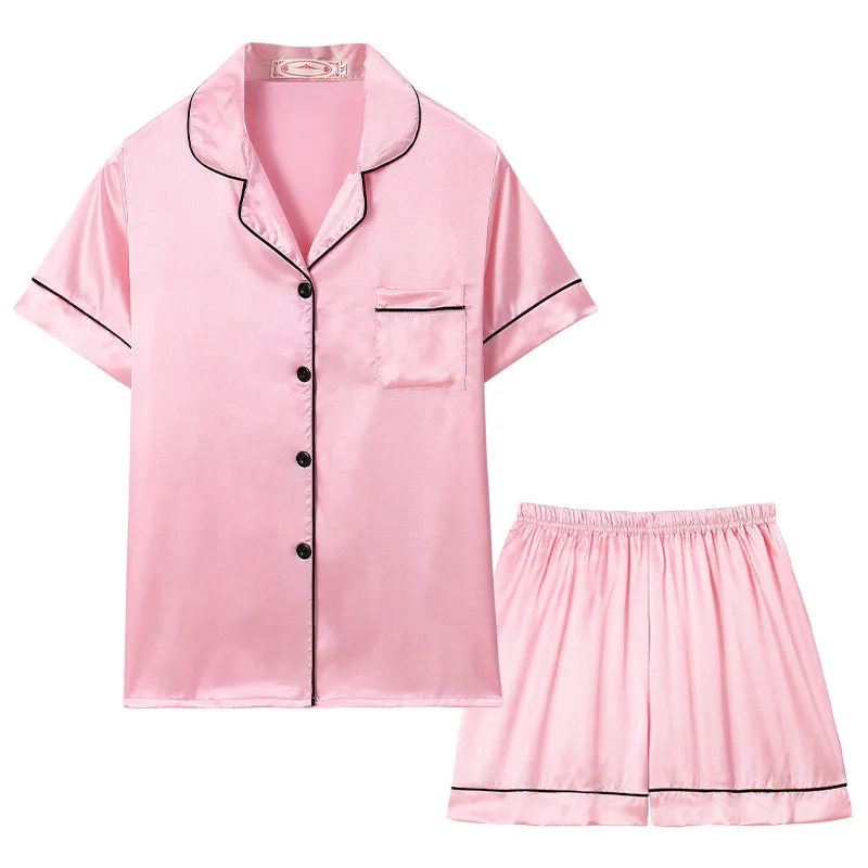 Fashion Summer Fat Girls Plus Sizes Loose Silk Fabric Contrast Binding Satin Two Piece Pajama Sets for Women