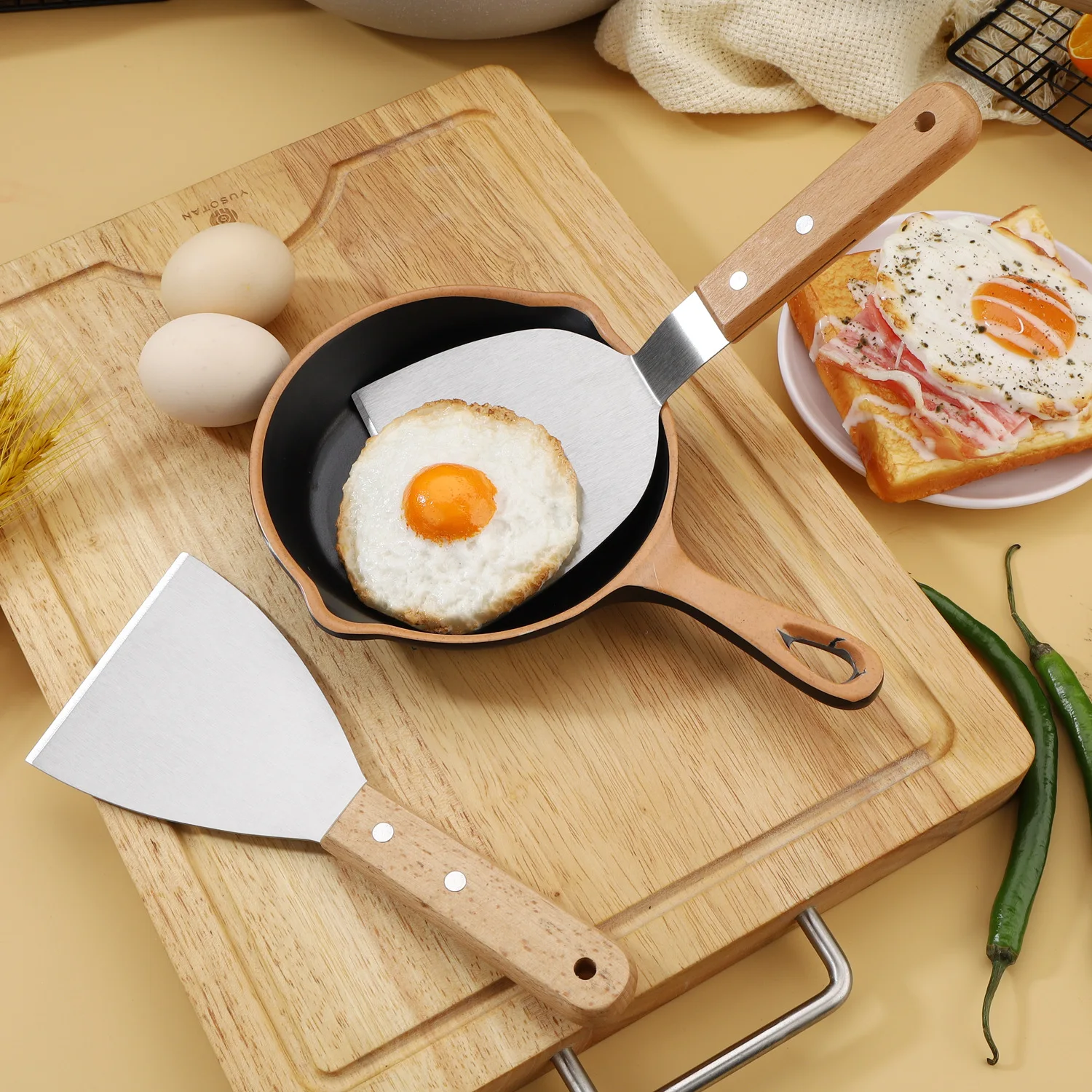 Manjia Portable Extra Large Wide BBQ Grill Accessories Flat Top Griddle Spatula Wood Handle Grill Spatula Scraper Pizza Turner