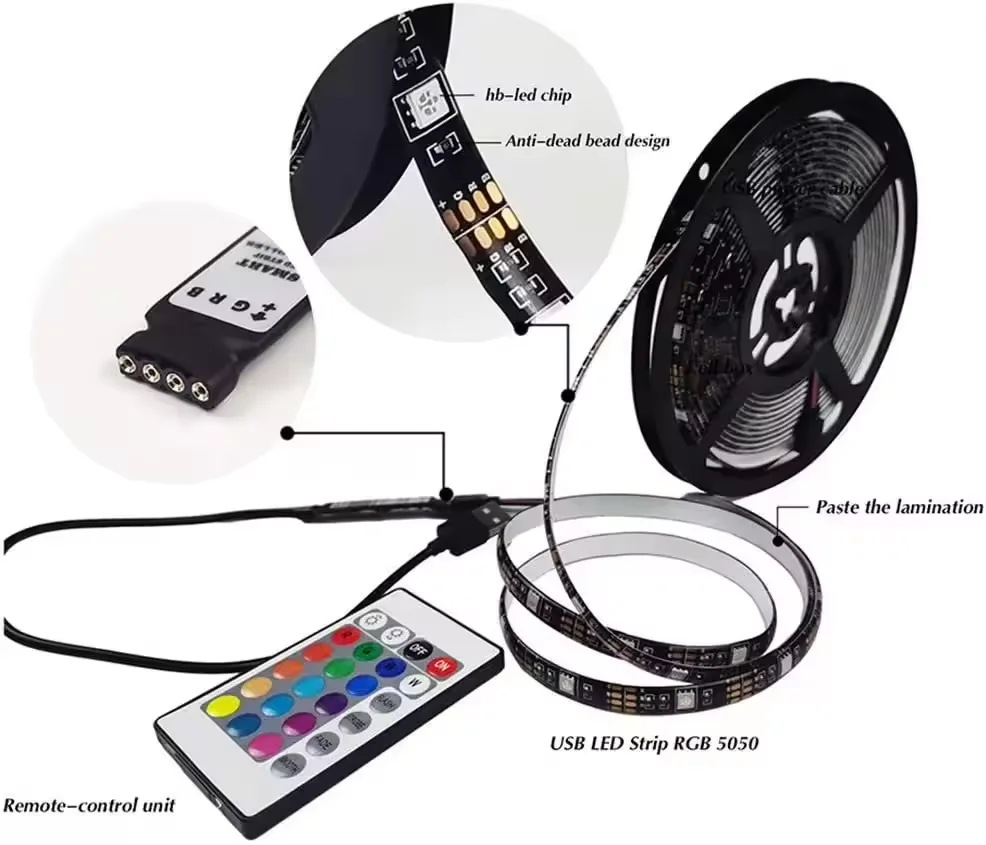 Smart LED 3M 5050 DC5V IP20 Flexible RGB TV Backlight kit USB led Strip Light with 24 Key IR Remote Controller