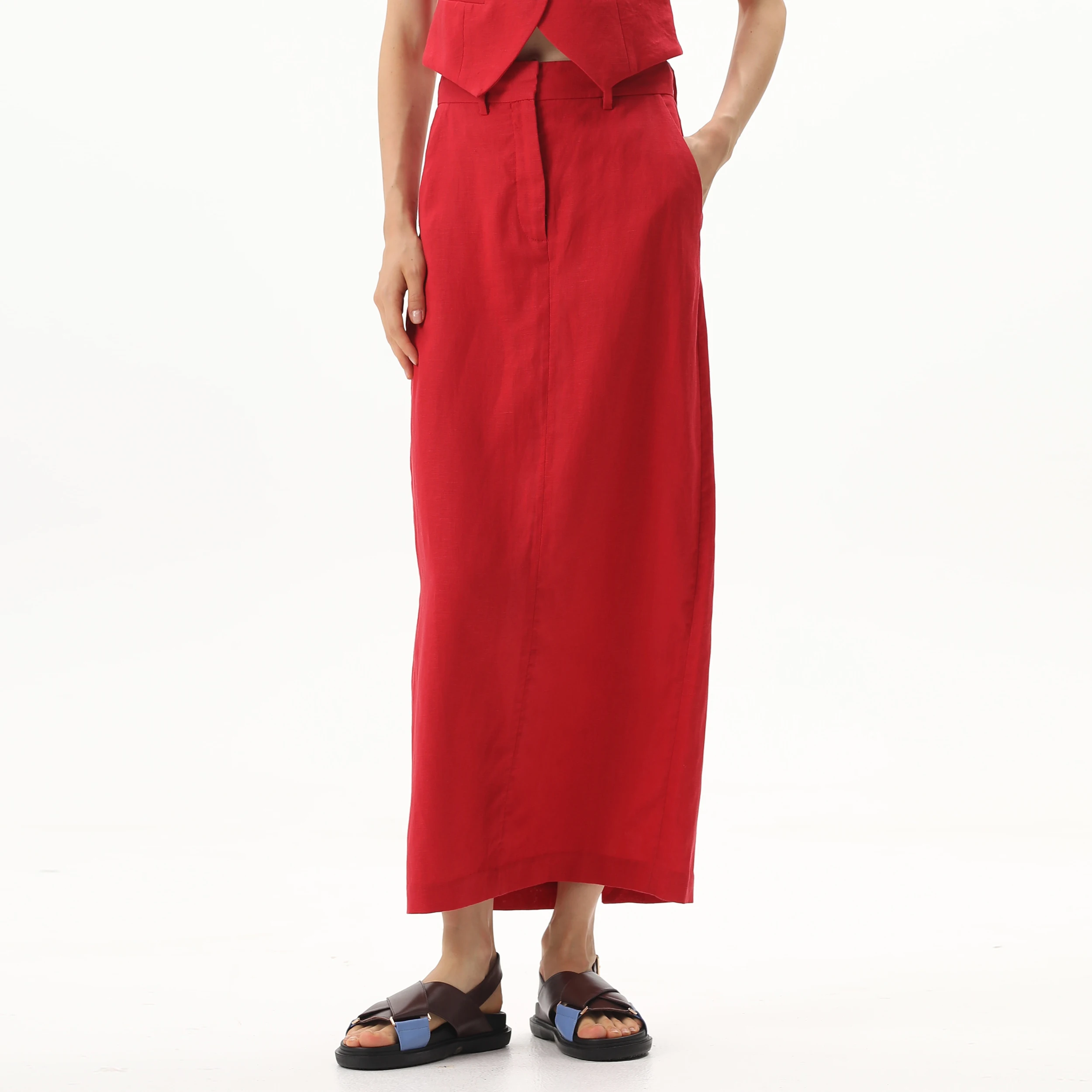 SMO Red Skirt Women Spring Summer Causal Maxi Soft Straight Skirts Linen Skirt Red Long With Zipper Pocket