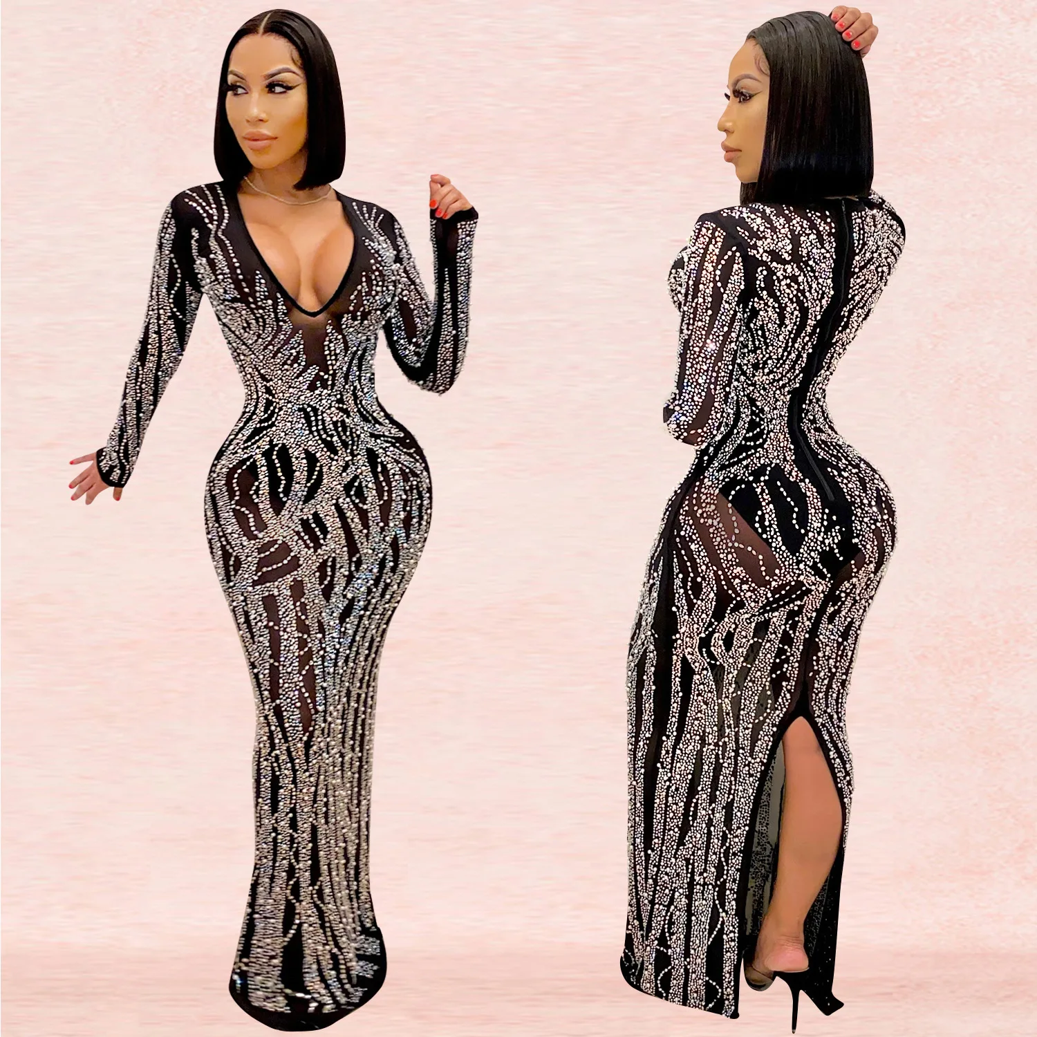 luxury crystal beaded dress petal V-neck sexy dinner mesh sheer dresses split wholesale women diamond rhinestone clothes formal