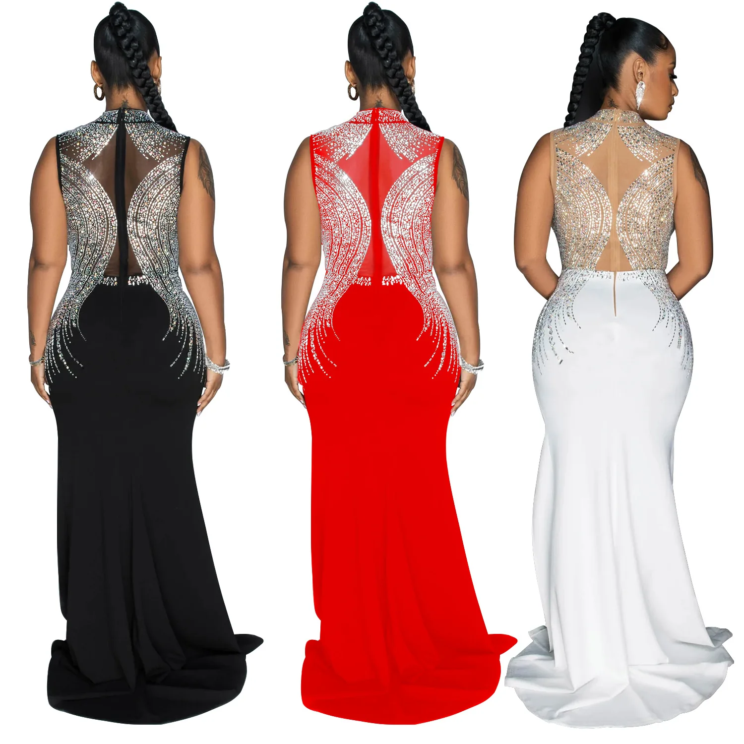 CX6860 Sleeveless Mock Neck Elegant Dress High Slit Rhinestone Formal Evening Prom Ball Gown Dresses