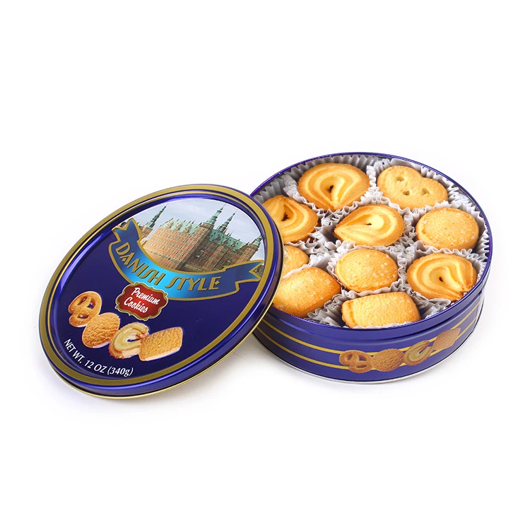 Vegetarian halal digestive bourbon biscuits and cookies custom New design blue round tin wholesale butter cookies