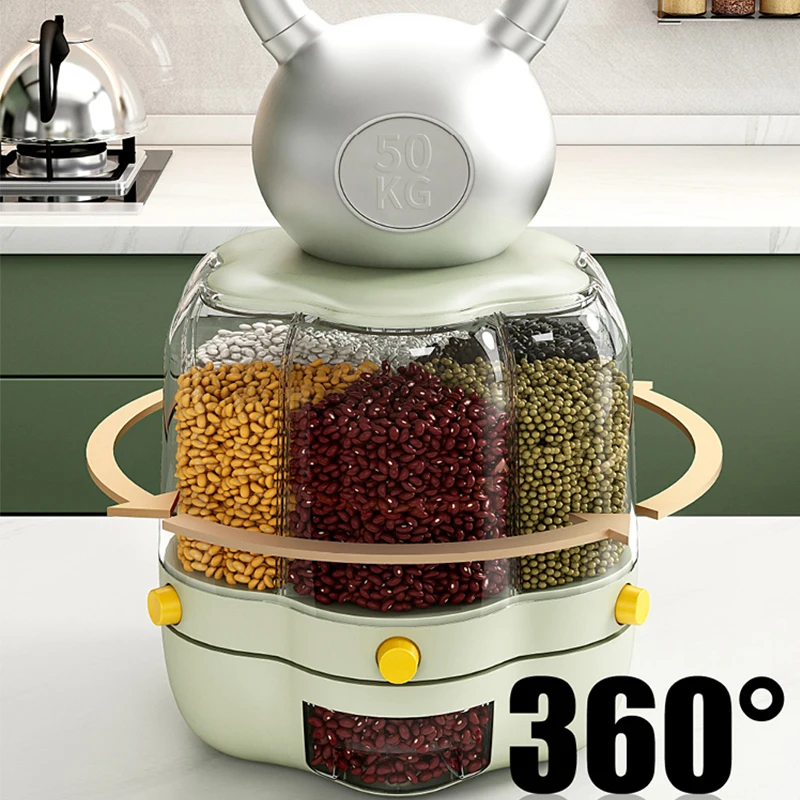 Cereal Grain Container Storage, Upgrade 360 Rotating Food Dispenser with Lid for All Beans, Barley, Millet, Rice