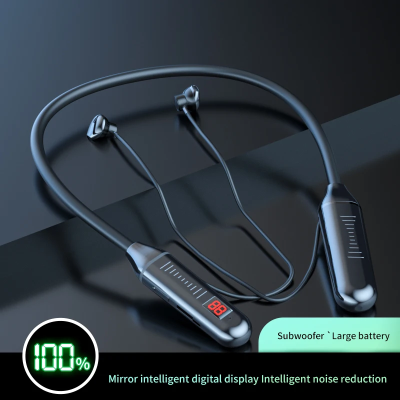 Hot selling type-c charging large battery capacity digital display bt necklace headset sport hanging neck earphone