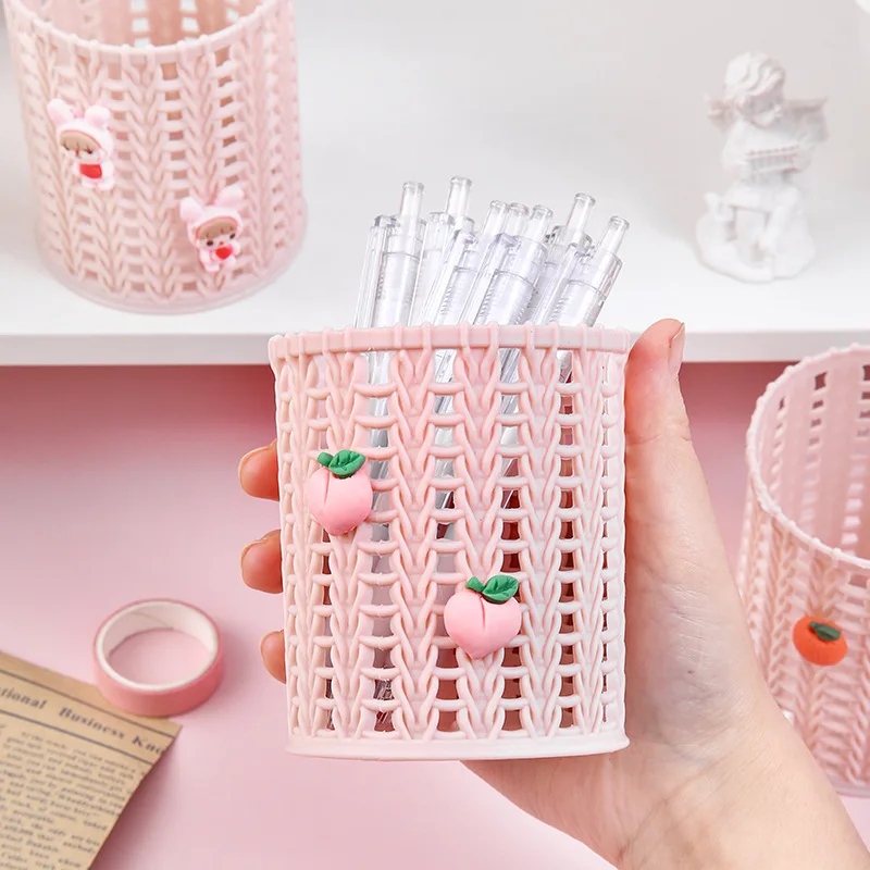 Cute Decorative Round Plastic Woven Pen Holder Student Office Desktop Clutter Collection Bucket