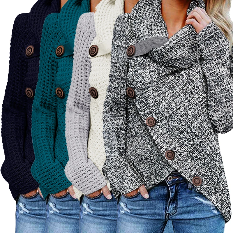 Женский однотонный плотный свитер, вязаный однотонный пуловер с косыми пуговицами и длинным рукавом, Осень зима 2021 (1600313008847)