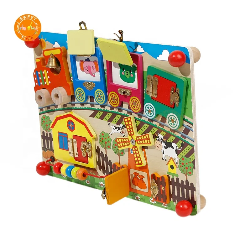 Baby Activity Play Wooden Lock Toy, Latch Sensory Activity Discovery Boards Activity Board For Kids