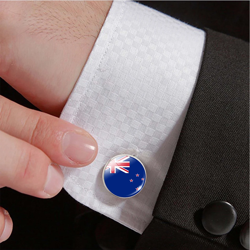 High Quality National Flag Cuff Links Gift Box Round Glass Dome Gemstone Australian Fiji Samoa Stainless Steel Cufflinks for Men