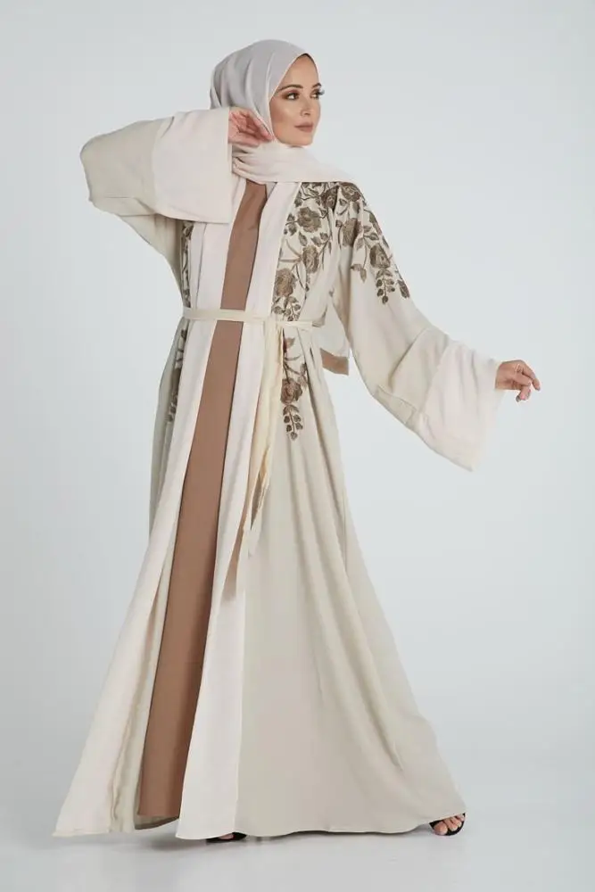 Latest Design Dubai Kaftans Islamic Front Open Floral Embroidery Muslim Women Abaya