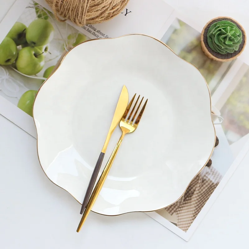 factory ceramic white porcelain plates custom logo gold rim bone china dinner plates