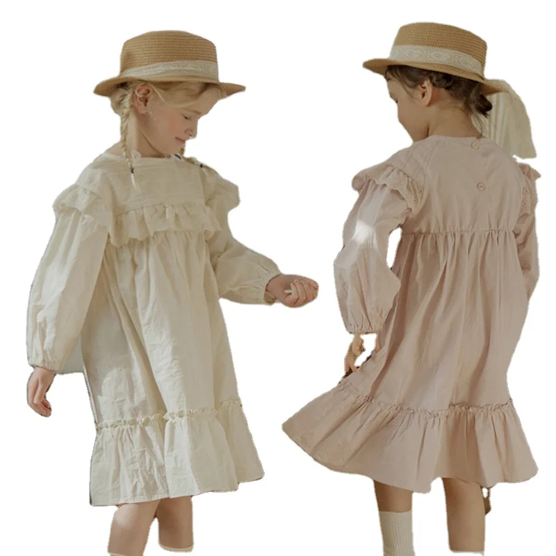 Wholesale Product Baby Girls Autumn Linen Cotton Dresses Girls Flower Ruffled Long Sleeves Spin Dresses