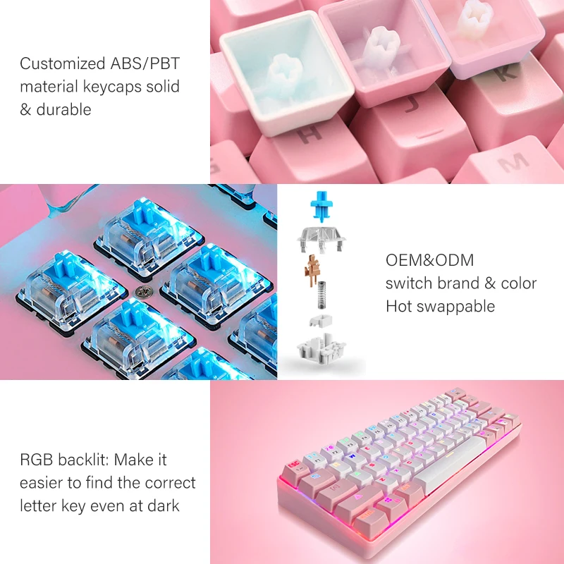 OEM factory wholesale RGB 60% gaming mechanical keyboard hot selling rgb backlit pcb hotswap pink mechanical gaming keyboard