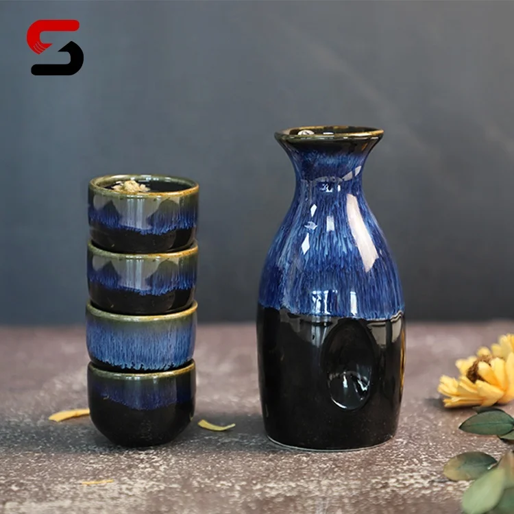 5 piece Ceramic Japanese Styled Sake Set In Blue, 1 Bottle and 4 Cups