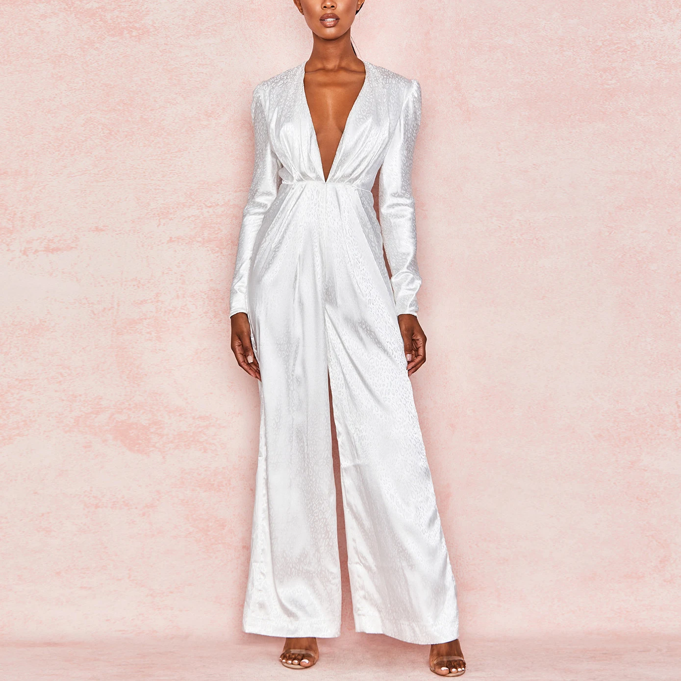 Women Long Sleeve Deep V Sexy Party Loose Trouser Jumpsuit White Satin Draped One Piece Jumpsuit For Women