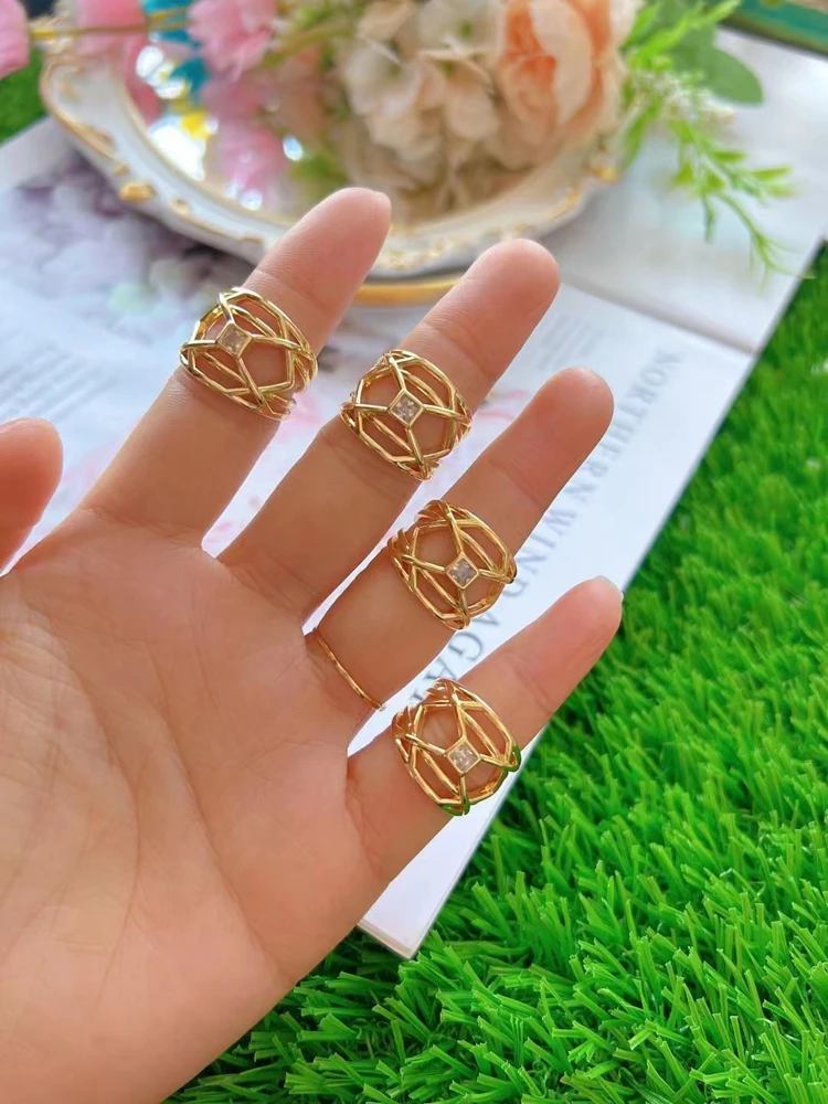 Dainty rainbow rhinestone gold plated stone pave flower design finger rings geometrical shape hand rings for women