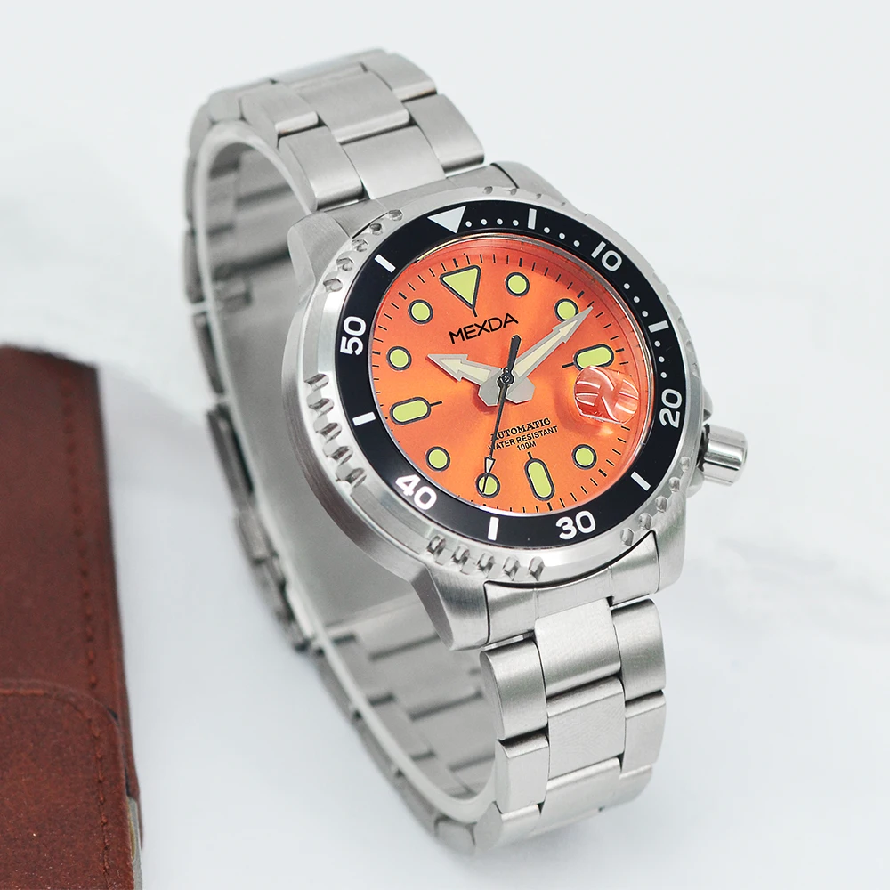 Mexda Charm Watch Stylish Durable Wristwatches Oem Luminous Hands Orange Dial SS Bracelet Automatic Watch for Men Relojes Hombre