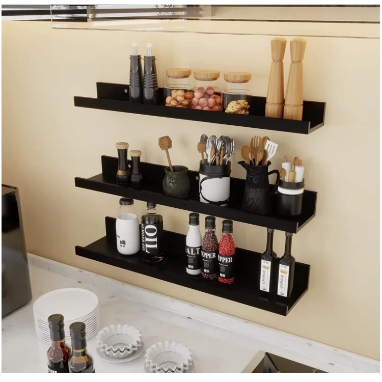 Set of 3 floating shelves living room office photos organizer black wall shelf wood