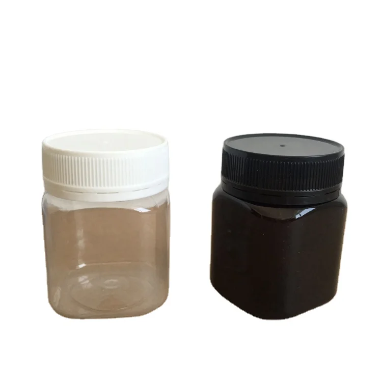 stock 250 ml black transparent square plastic PET bottle with tamper proof lids honey bottles/jar