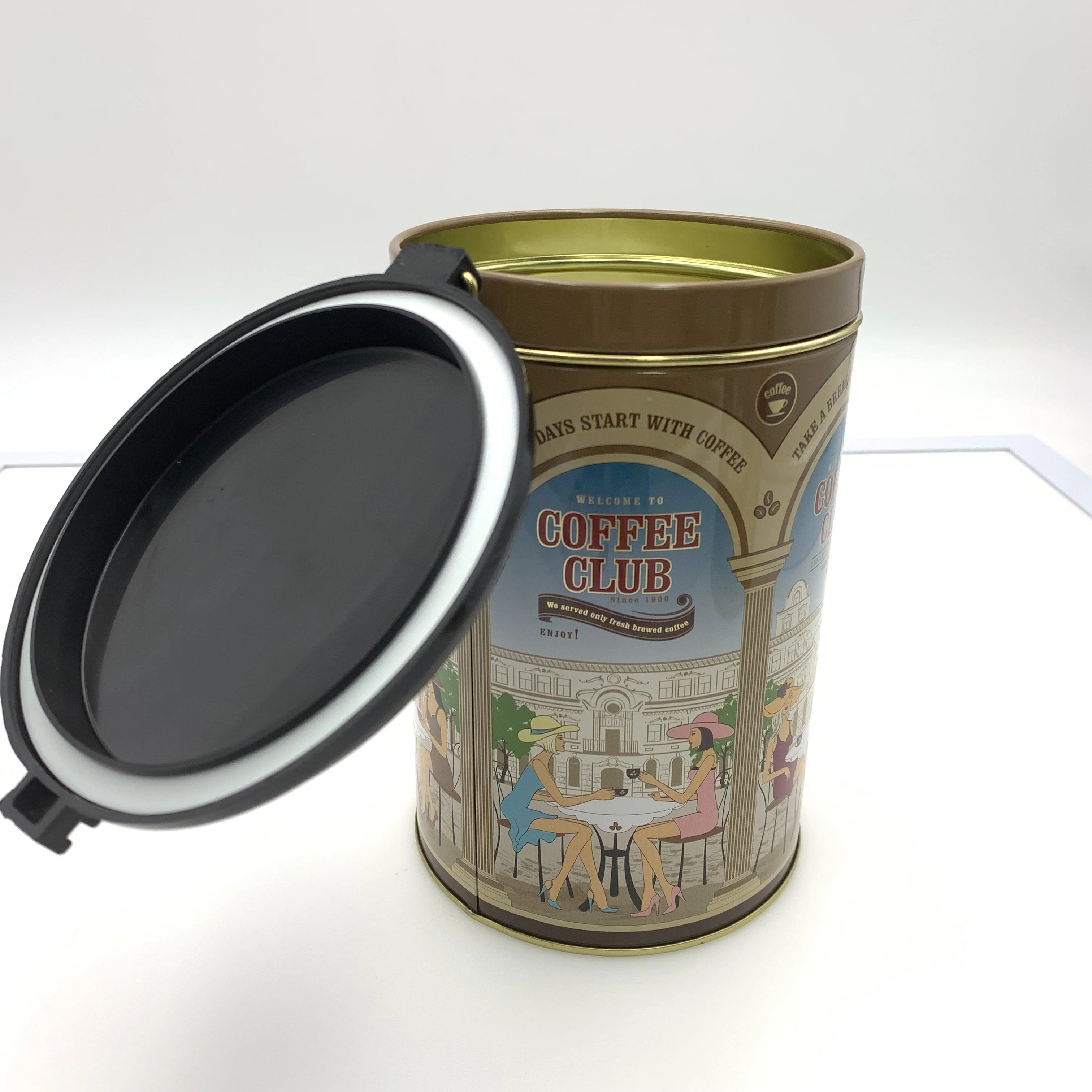 OEM Classic Coffee Tin Packaging Round Shape Tea Tin Box With Plastic Lid
